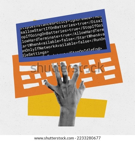 Contemporary art collage. Creative design. Male hand fast typing on keyboard, developing code, securing information. Concept of IT, business, data science, coding, occupation, modern technologies