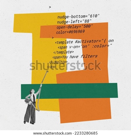 Contemporary art collage. Creative design. Woman cleaning code, finding mistake. Website developer. Concept of IT, business, data science, coding, occupation and modern technologies
