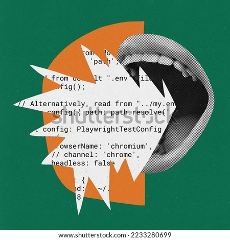 Contemporary art collage. Creative design. Female mouth shouting coding information. Data science training courses. Concept of IT, business, data science, coding, occupation, modern technologies