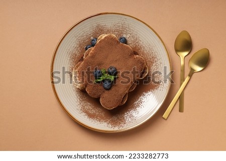 Concept of sweet food, Tiramisu cake, top view Royalty-Free Stock Photo #2233282773