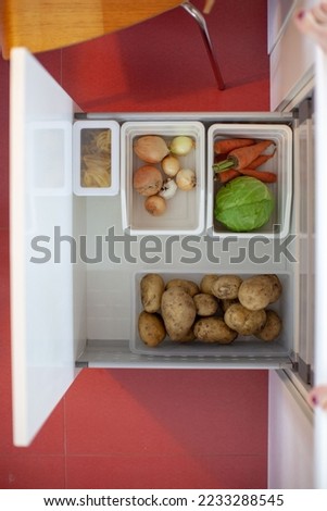 Storing vegetables in the kitchen. Storage organization. View from above.
