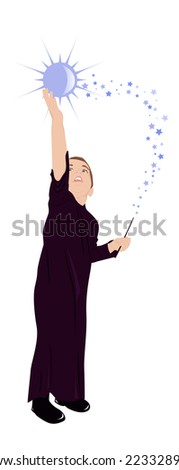 Little boy - wizard with a magic wand works wonders, vector illustration
