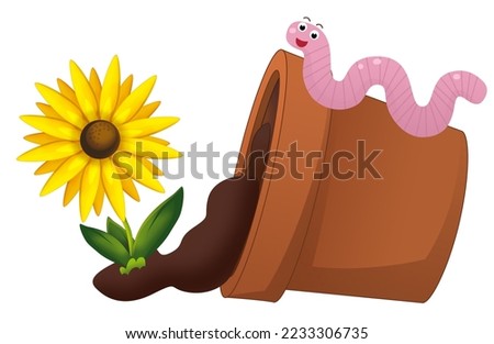 cartoon scene with fallen overturned clay flower pot with worm isolated illustration for children
