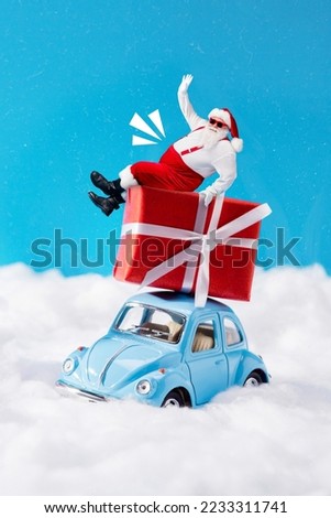 Creative photo 3d collage artwork postcard poster picture greeting card of santa claus hurry deliver gift isolated on painting background