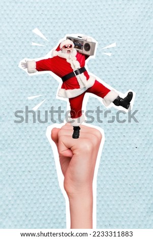 Photo sketch graphics collage artwork picture of cool smiling santa claus listening x-mas carols dancing big fist isolated drawing background