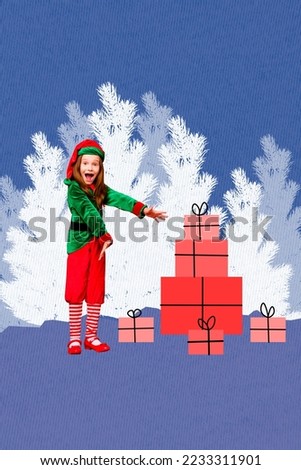 Photo sketch graphics collage artwork picture of excited funky little chind excited getting x-mas presents isolated drawing background