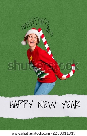 Photo collage artwork minimal picture of funky smiling santa assistant holing big huge x-mas candy isolated drawing background