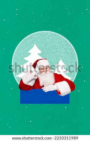 Vertical collage image of aged santa claus inside souvenir snow globe isolated on painted creative background