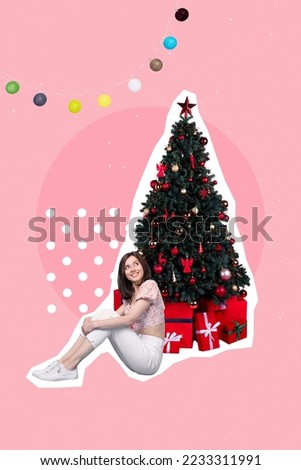 Creative retro 3d magazine collage image of smiling lady sitting under xmas fir pine waiting gifts isolated painting background