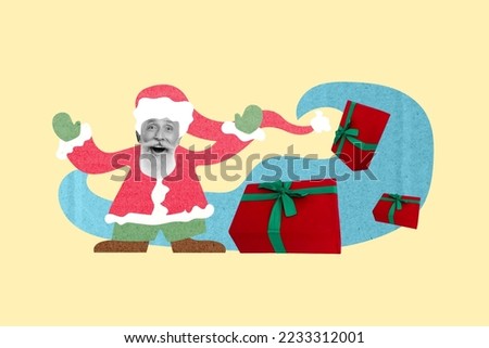 Creative abstract template graphics collage image of funky excited santa claus packingx-mas gifts isolated drawing background