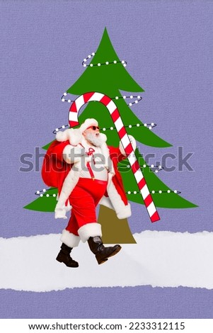 Collage artwork graphics picture of smiling excited santa claus walking xmas presents isolated painting background
