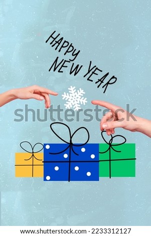 Vertical collage picture of two arms point fingers snowflake festive giftbox isolated on creative painted background