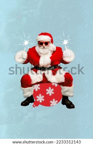 Vertical collage picture of funky aged santa sit huge tree decor ball toy demonstrate thumb up isolated on drawing background Royalty-Free Stock Photo #2233312143