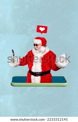 Vertical collage picture of mini aged santa inside telephone display raise fist success like notification facebook instagram twitter