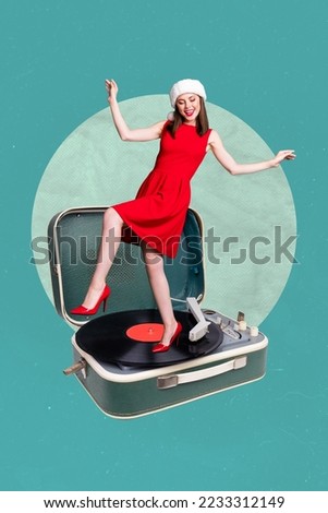 Vertical collage picture of cool positive mini girl have fun dancing big vintage vinyl record player isolated on creative background