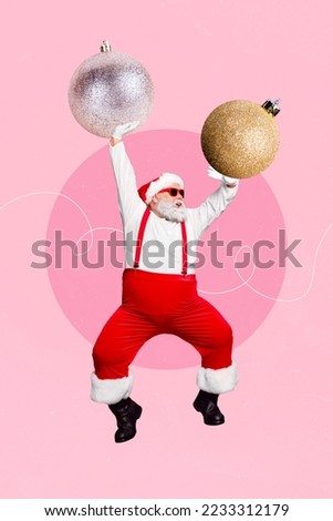 Collage artwork graphics picture of smiling funky santa claus dancing rising xmas baubles isolated painting background