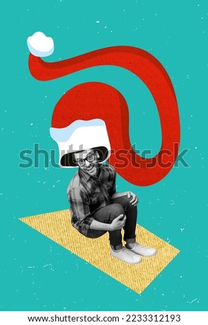 Photo cartoon comics sketch collage picture of funny funky xmas santa claus helper wear big huge hat isolated drawing background