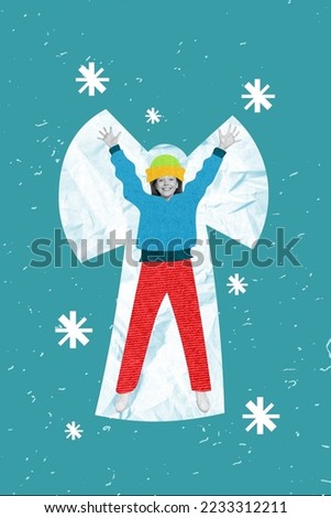 Photo sketch graphics collage artwork picture of dreamy smiling little child making x-mas snow angel isolated drawing background