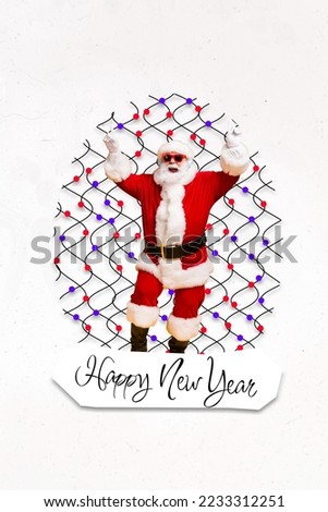 Photo collage artwork minimal picture of smiling santa claus dancing listening x-mas music carols isolated drawing background