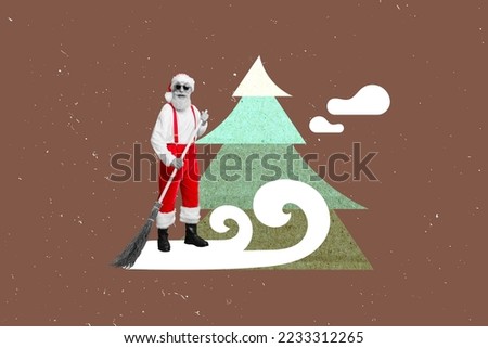 Artwork magazine collage picture of smiling x-mas santa cleaning snow isolated drawing background