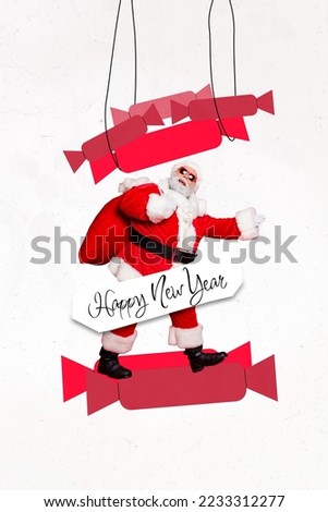 Photo sketch graphics collage artwork picture of funky smiling santa claus delivering x-mas gifts isolated drawing background