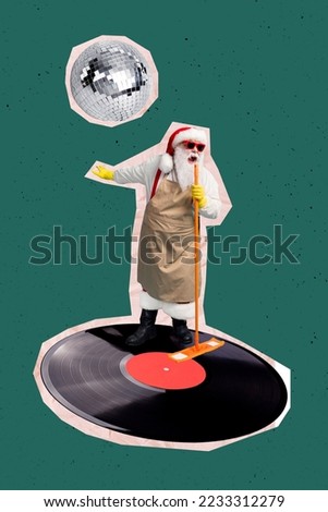 Vertical collage picture of overjoyed positive mini santa stand big vinyl record singing mop isolated on creative background