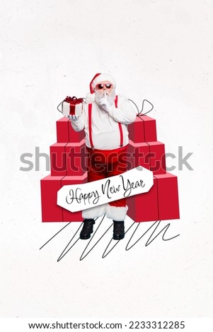 Collage artwork graphics picture of funky santa claus finger mouth asking keep silence preparing presents isolated painting background