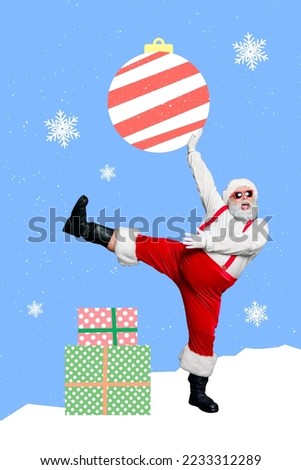 Collage artwork graphics picture of funky smiling santa claus playing big xmas ball isolated painting background