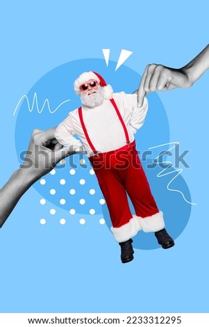 Vertical collage picture of two arms black white gamma hold mini funky aged santa isolated on painted background