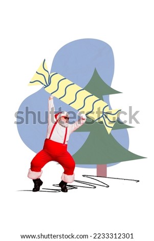 Photo collage artwork minimal picture of smiling santa claus rising up x-mas big huge candy isolated drawing background