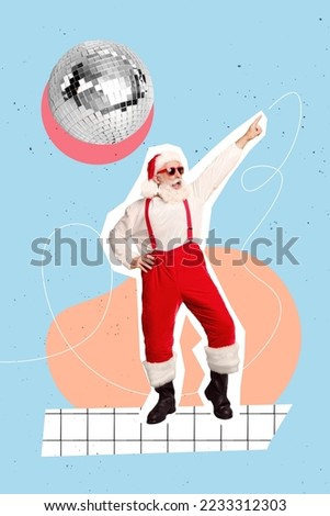 Vertical collage image of excited overjoyed santa point finger dancing clubbing disco ball isolated on painted background