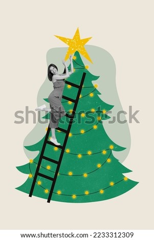 Vertical collage picture of excited funny girl black white colors climb ladder hang star toy top newyear tree isolated on creative background