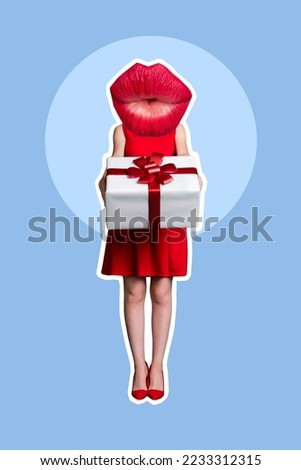 Vertical collage image of girl arms hold giftbox big red pouted lips instead head blow kiss isolated on drawing background