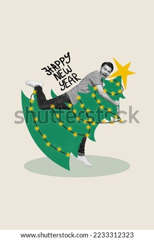 Vertical collage image of excited funky guy black white colors hands hold hug drawing evergreen newyear tree isolated on creative background