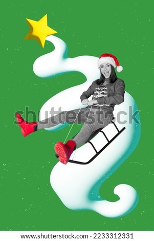 Photo collage artwork minimal picture of smiling excited santa claus x-mas assistant sledding isolated drawing background