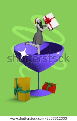 Collage 3d image of pinup pop retro sketch of smiling excited lady holding xmas gift inside wine cocktail glass isolated painting background