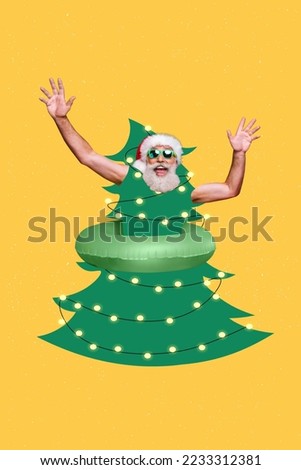 Collage picture of old retired santa claus wear sunglass nice hat raise hands up wear evergreen xmas tree party invite isolated on yellow background