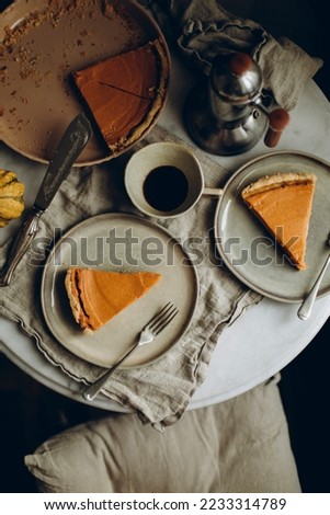 two servings of pumpkin pie on a plate with a dessert fork. a piece of pumpkin cheesecake on a white marble round table