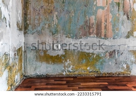 Empty apartment with clean brown linoleum on the floor and european electrical outlet on old worn walls without wallpaper. Vintage room corner mockup with copy space