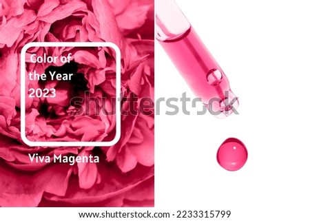 collage of peony flower and face serum pipette with magenta color of the year 2023