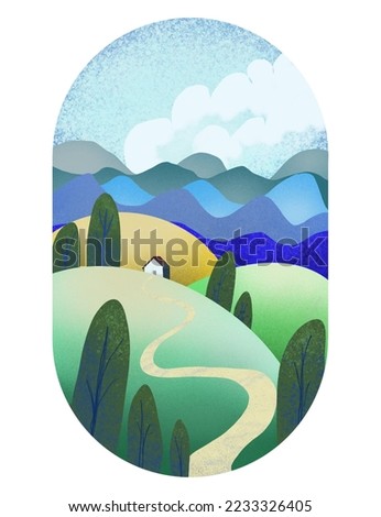 Cozy tiny house in the mountains. Drawing showing a lonely house between the hills. Green peaks and fluffy clouds illustration. Childs book art or clip art isolated on white background.