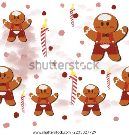 Seamless festive pattern that can be used on a wrapping paper, gift box, socks or shirt. Hand drawn textures for holidays. Christmas ornaments in 2D style. Gingerbread cookie and candy cane art.