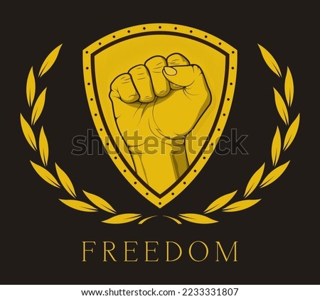 Raised Clenched Fist on Shield. Gold Symbol of Freedom, Revolution and Protest. Hand Fist Logo Vector illustration