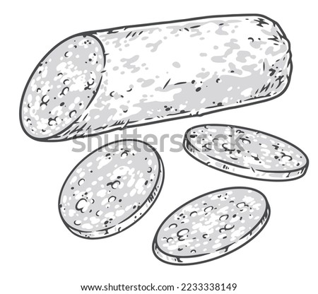 Sliced sausage monochrome set emblems with half stick of beef salami or pepperoni slices in different positions vector illustration