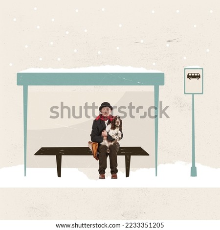 Creative design in pastel colors. Contemporary art. Man in a suit sitting with cute dog at bus stop on snowy day. Concept of winter holidays, abstract postcard art, celebration, winter season. Poster