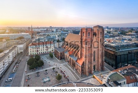 Aerial view of St. Mary Church at sunrise in Wroclaw, Poland Royalty-Free Stock Photo #2233353093