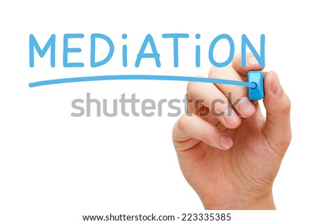 Hand writing Mediation with blue marker on transparent wipe board.