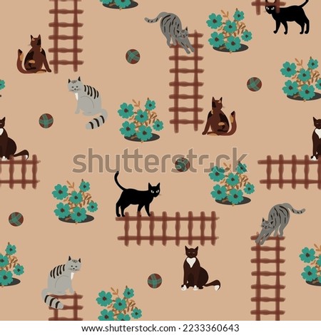Cute seamless pattern with cats, garden, flowers, light background, flat, hand drawn, vector