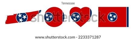 Tennessee flag icon set. American state pennant in official colors and proportions. Rectangular, map-shaped, circle and heart-shaped. Flat vector illustration isolated on white.