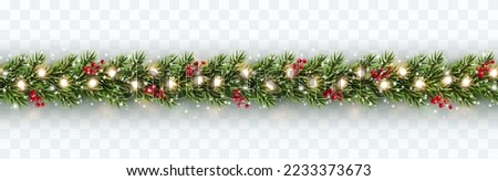 Border with green fir branches, red berries, snow, lights isolated on transparent background. Pine, xmas evergreen plants seamless banner. Vector Christmas tree garland decoration